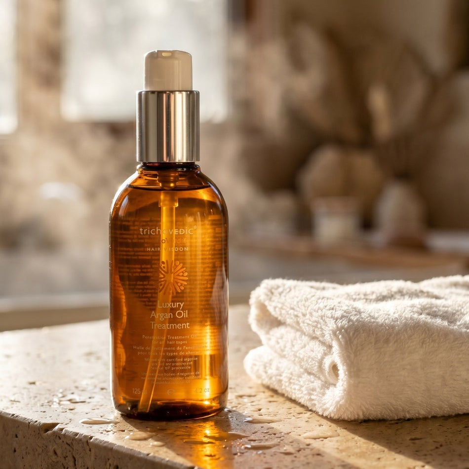 Trichovedic Luxury Argan Oil Treatment 125ml

Transform dry, brittle, and frizzy hair into smooth, shiny, and manageable locks with this lightweight, penetrative treatment oil. Formulated with Certified Organic Argan and Macadamia oils, it delivers vital moisture retention, natural UV protection, and brilliant shine. Suitable for all hair types — use on wet or dry hair.