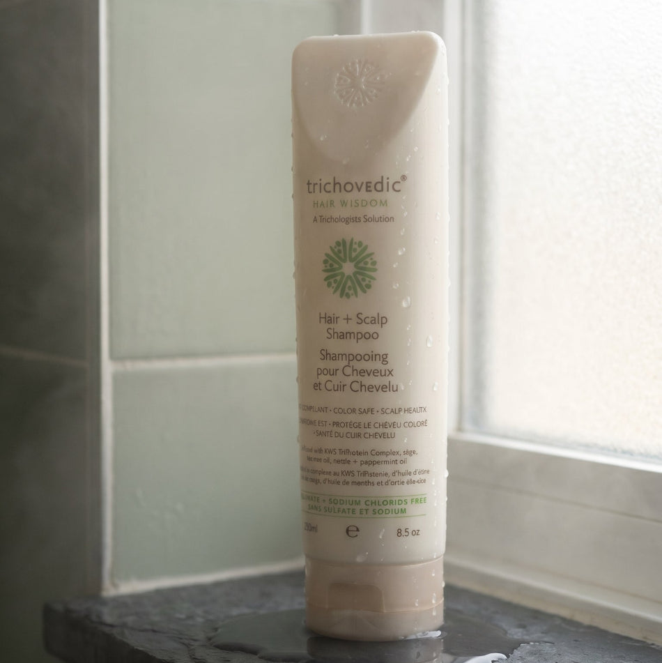 Trichovedic Hair+Scalp Shampoo 250ml

A hypoallergenic, sulphate-free shampoo formulated for keratin-treated, colour-treated, and scalp-sensitive hair. Infused with a powerful botanical and protein complex to control dandruff, leave the scalp in an aseptic condition, and stimulate healthy blood flow. Sulphate, sodium chloride, and paraben free. pH 6–7.
