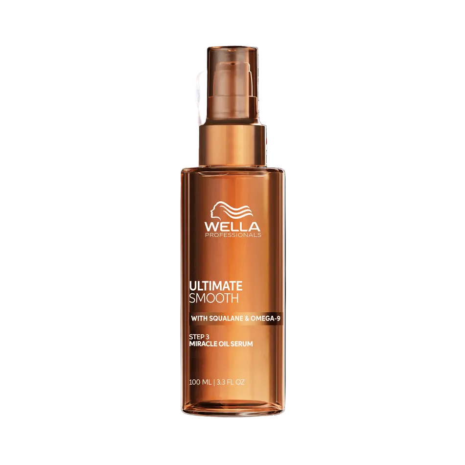 The Wella Professionals Ultimate Smooth Miracle Oil Serum is a delicate hair oil with a lightweight serum texture that deeply nourishes hair inside and out — leaving it visibly smoother and shinier in just 30 seconds. Smoothness lasts up to 3 days, and 96-hour frizz control means one application goes a long way.