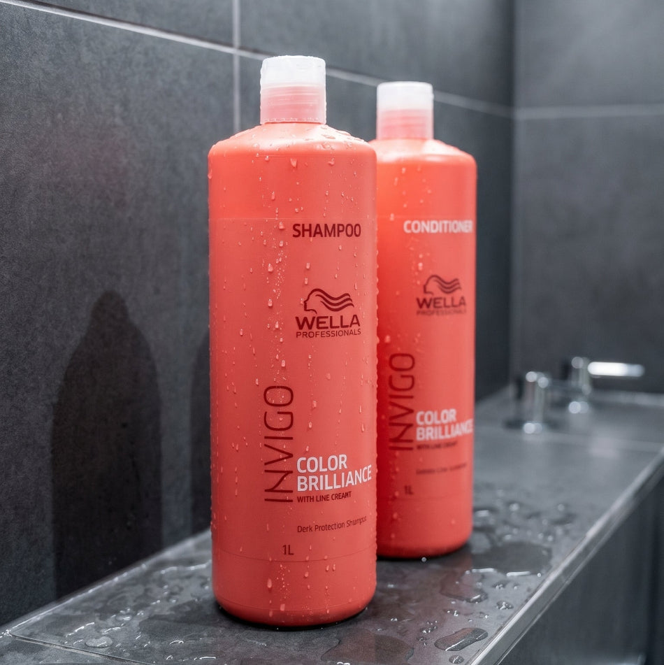 Wella Professionals Invigo Brilliance Shampoo &amp; Conditioner 1lt DUO includes a rich shampoo to enhance the brilliance of colored hair, leaving it irresistibly smooth and soft to the touch, and a rich conditioner that increases color protection and shine, while reducing static.