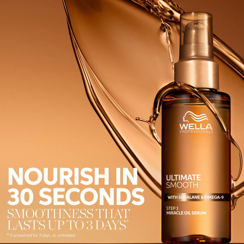 The Wella Professionals Ultimate Smooth Miracle Oil Serum is a delicate hair oil with a lightweight serum texture that deeply nourishes hair inside and out — leaving it visibly smoother and shinier in just 30 seconds. Smoothness lasts up to 3 days, and 96-hour frizz control means one application goes a long way.