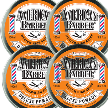 American Barber Deluxe Pomade 100ml quad Pack Mens Styling High Shine (4x100ml) American Barber - On Line Hair Depot