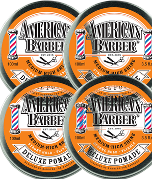 American Barber Deluxe Pomade 100ml quad Pack Mens Styling High Shine (4x100ml) American Barber - On Line Hair Depot