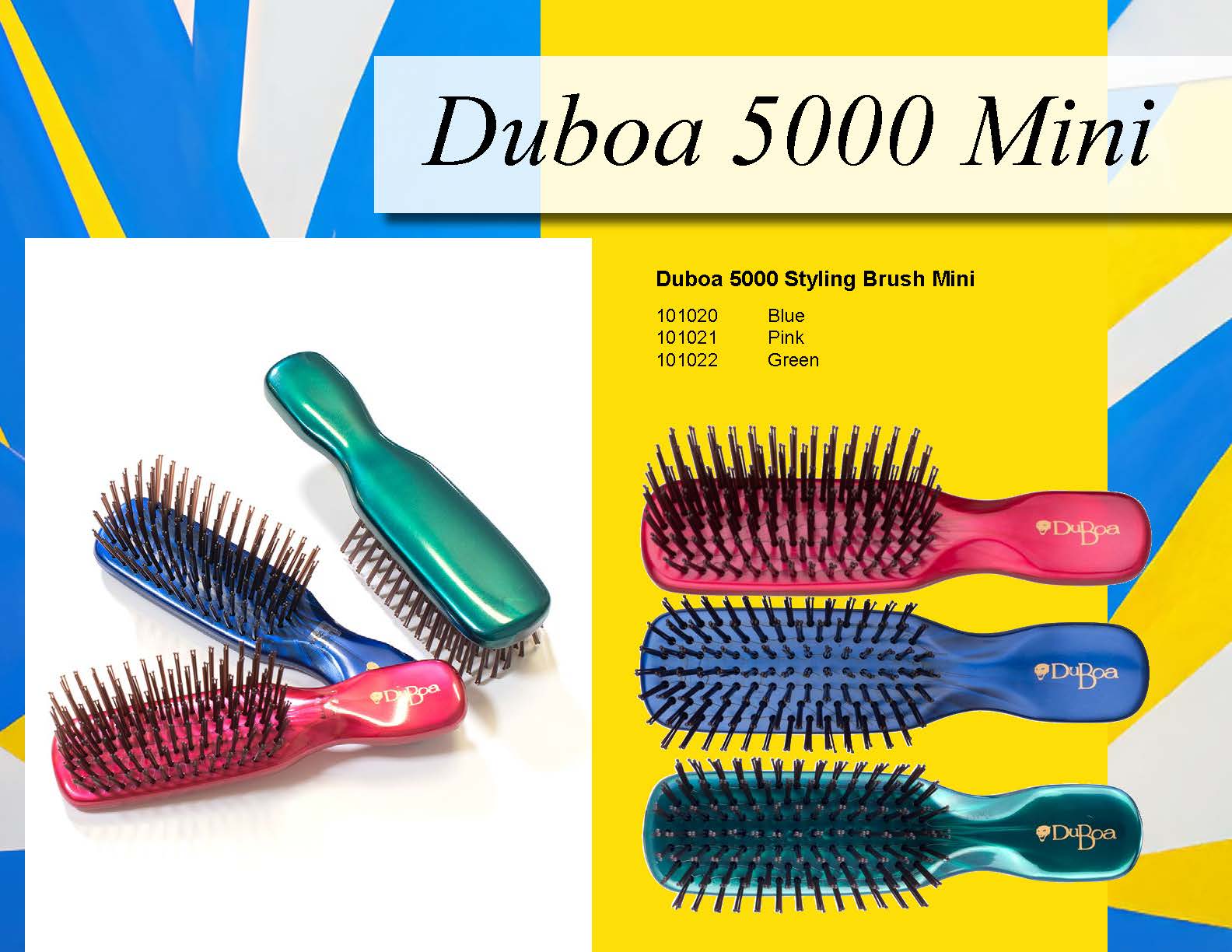 Duboa 5000 Mini hairbrushes in various colors on a colorful background with branding text.