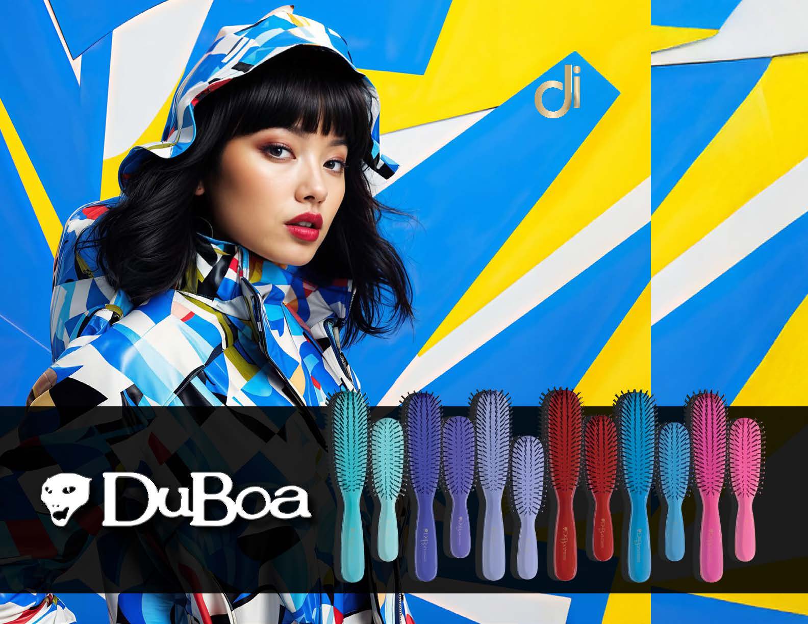 Woman in colorful outfit with DuBoa hairbrushes against a geometric background