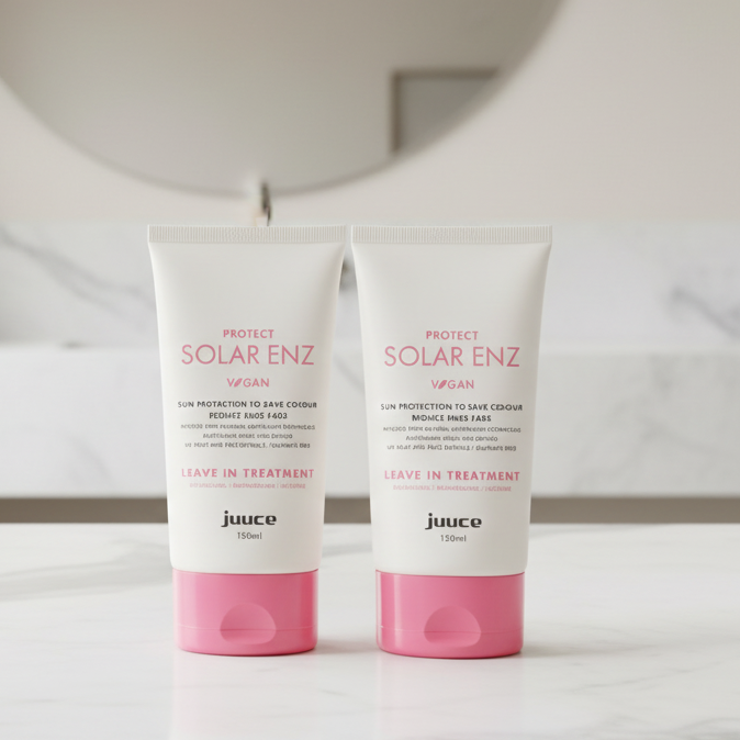 Two bottles of Jauso Solar Enz Serum on a bathroom counter with a mirror and plant in the background.