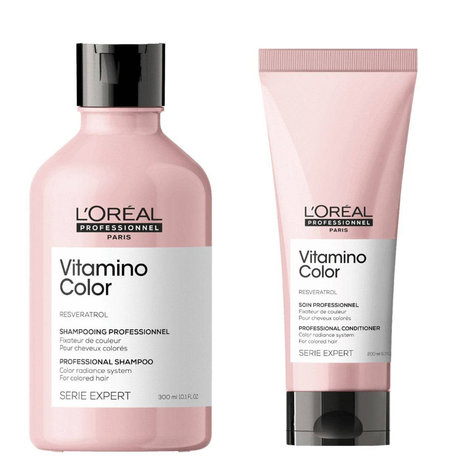 L'Oréal Professionnel Vitamino Color Duo Pack combines a gentle cleansing shampoo with an advanced conditioning treatment, working together to keep your colour vivid, your shine brilliant, and your hair feeling salon-fresh at home. - On Line Hair Depot