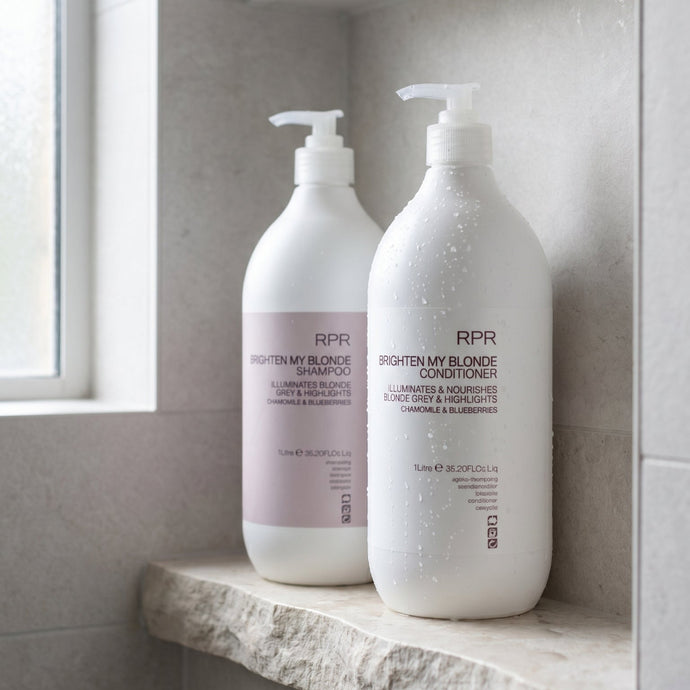  RPR Brighten My Blonde Shampoo and Conditioner 1lt Duo. This salon-size purple toning duo delivers complete blonde protection, neutralizing brass while nourishing for bright, luminous, salon-fresh blonde that lasts.