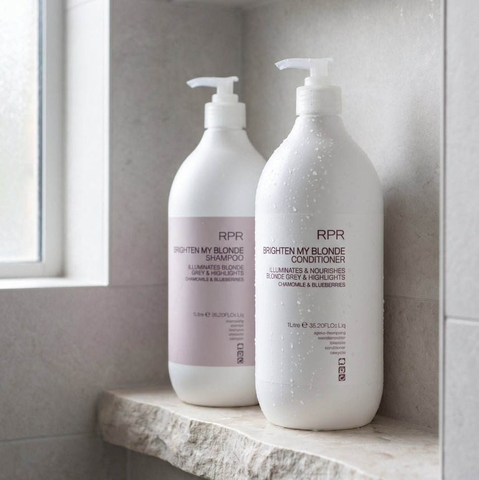  RPR Brighten My Blonde Shampoo and Conditioner 1lt Duo. This salon-size purple toning duo delivers complete blonde protection, neutralizing brass while nourishing for bright, luminous, salon-fresh blonde that lasts.