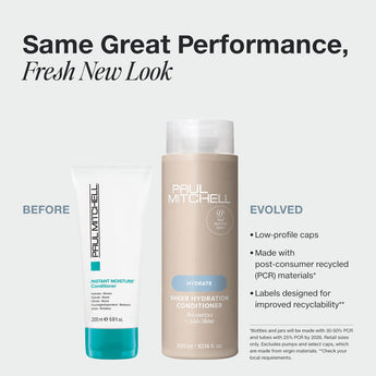 Paul Mitchell Sheer Hydration Conditioner. Made with more sustainably sourced Irish sea moss and spirulina, it deeply hydrates and helps bring dry strands back to life—adding shine and helping protect against damage. This moisturising conditioner leaves your hair feeling soft, healthy, and refreshed.