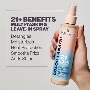 The Pureology Color Fanatic Multi-Tasking Leave-In Spray primes, protects, and perfects colour-treated hair in a single step — delivering 21 proven benefits from root to tip. ZeroSulfate® and 100% vegan, it's as kind to your hair as it is to the planet. - On Line Hair Depot