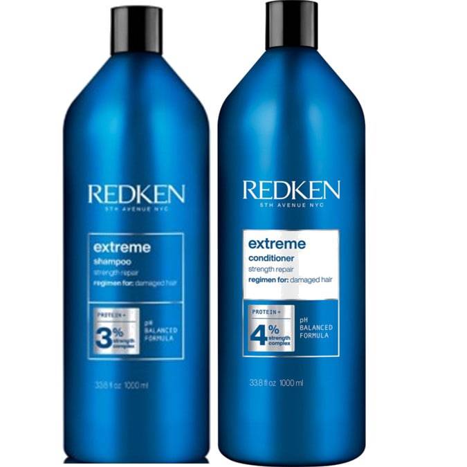 Give damaged, fragile hair the strength it deserves. The Redken Extreme 1L Duo combines two powerhouse products — the Extreme Shampoo and Extreme Conditioner — to cleanse, repair, and fortify weakened strands from root to tip. - On Line Hair Depot