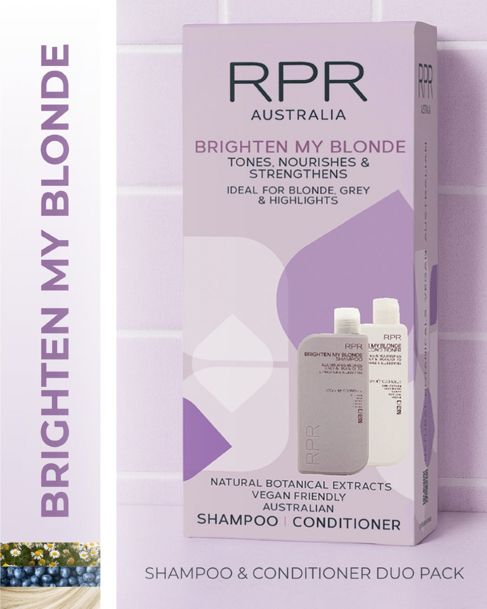 This purple-powered shampoo and conditioner duo is your blonde hair’s new best friend. Toning down yellows, boosting shine, and strengthening every strand.
Whether you are a platinum, ash, balayage, or beige, RPR Brighten My Blonde dream team has your back