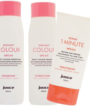 Juuce Radiant Colour - Protect Colour Treated Hair Trio with one minute treatment . Juuce Hair Care - On Line Hair Depot
