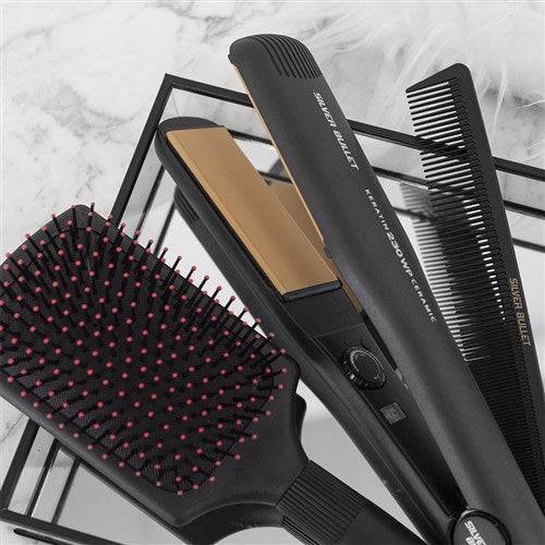 Silver Bullet Keratin 230 37mm Ceramic Wide Hair Straightener Bonus Clips, Mat, Brush, Comb - On Line Hair Depot