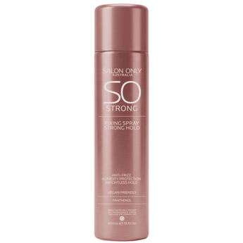 Lock every style in place with SO Strong Fixing Spray 400ml. Professional strong hold lacquer with humidity and frizz resistance, Panthenol for shine, and a flake-free, no-crunch finish. Suitable for all hair types. Shop at On Line Hair Depot.