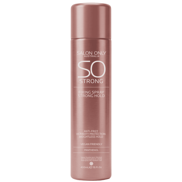 Lock every style in place with SO Strong Fixing Spray 400ml. Professional strong hold lacquer with humidity and frizz resistance, Panthenol for shine, and a flake-free, no-crunch finish. Suitable for all hair types. Shop at On Line Hair Depot.