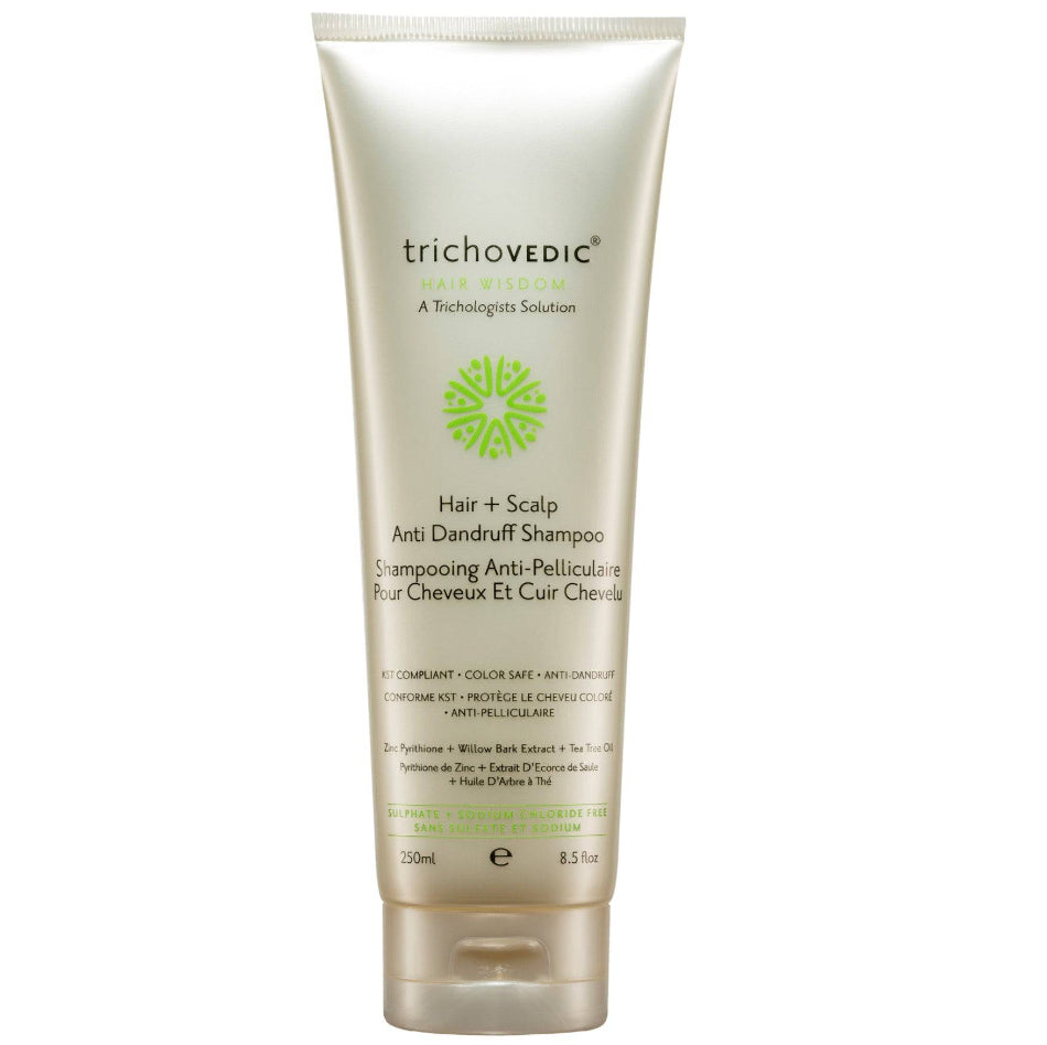 Trichovedic Hair+Scalp Anti-Dandruff Shampoo, a hypoallergenic, sulfate-free formula specifically designed for KST aftercare and dandruff control. This gentle yet effective shampoo combines zinc pyrithione and willow bark extract with nourishing botanicals including tea tree oil, sage, nettle, and peppermint oil to eliminate dandruff, soothe sensitive scalps, and leave hair healthy and revitalized.- On Line Hair Depot