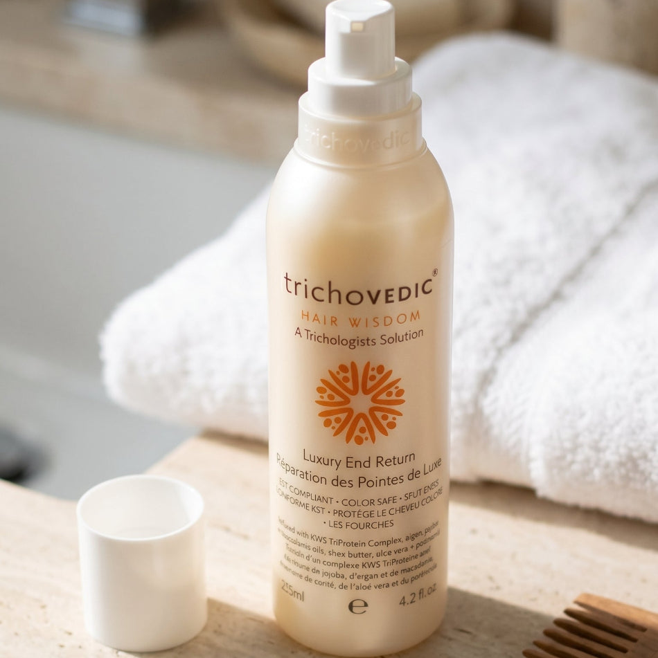 Trichovedic&nbsp;Colour

Luxury End Return 125ml

A split end specific intensive treatment complex which can also be used for extremely damaged hair. Infused with KWS TriProtein Complex, macadamia, argan and jojoba oils, shea butter, aloe vera, panthenol, silcare, plus and a split end bonding quaternium derived from coconut oil. pH 4-4.5. Gently apply a small amount to split ends and areas of severe damage. Leave-in and style as usual