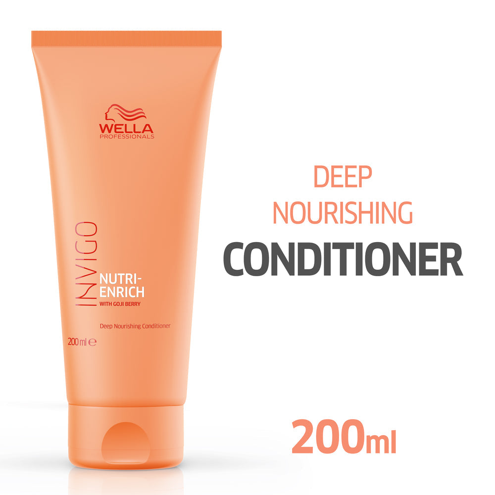 Wella Invigo Nutri Enrich Conditioner

Restore moisture and vitality to compromised hair with this deep nourishing conditioner from Wella Invigo. Enriched with the brand's proprietary Nutri-Enrich-Blend™—featuring goji berry packed with essential vitamins, minerals, and peptides—this formula delivers intensive hydration where it's needed most. Ideal for dry or stressed hair, it conditions gently while replenishing lost nutrients and restoring a healthy, revitalised appearance.