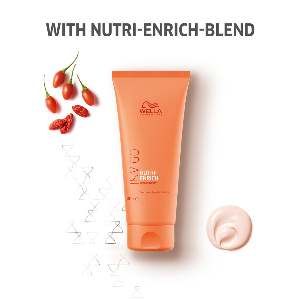 Wella Invigo Nutri Enrich Conditioner

Restore moisture and vitality to compromised hair with this deep nourishing conditioner from Wella Invigo. Enriched with the brand's proprietary Nutri-Enrich-Blend™—featuring goji berry packed with essential vitamins, minerals, and peptides—this formula delivers intensive hydration where it's needed most. Ideal for dry or stressed hair, it conditions gently while replenishing lost nutrients and restoring a healthy, revitalised appearance.