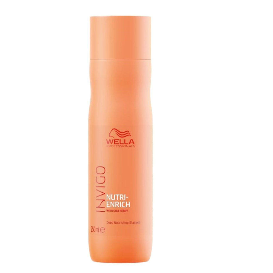 Revitalize dry, stressed hair with Wella Invigo Nutri-Enrich Deep Nourishing Shampoo, a professional formula enriched with Goji Berry and the exclusive Nutri-Enrich-Blend. This deeply nourishing shampoo transforms parched, lifeless hair into soft, vibrant, full-of-vitality locks. The advanced formula combines Oleic Acid, Panthenol, and Vitamin E to provide intense moisturization, nourishment, and protection against environmental stress. - On Line Hair Depot