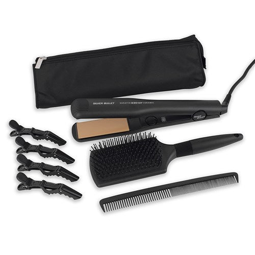 Silver Bullet Keratin 230 37mm Ceramic Wide Hair Straightener Bonus Clips, Mat, Brush, Comb - On Line Hair Depot